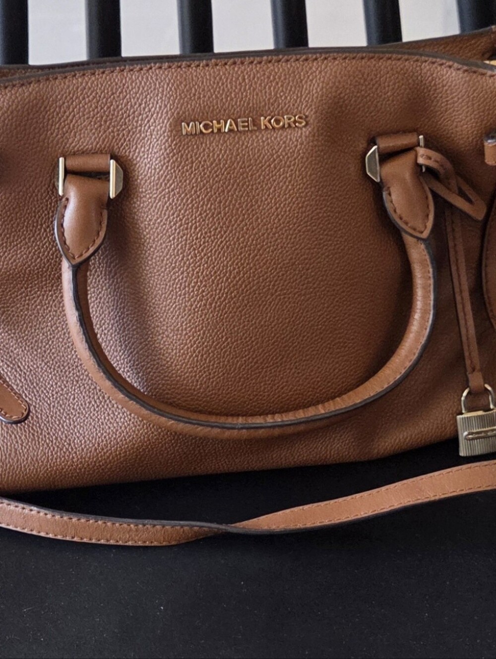 MICHAEL KORS Cognac Pebbled Leather Satchel with Gold Hardware